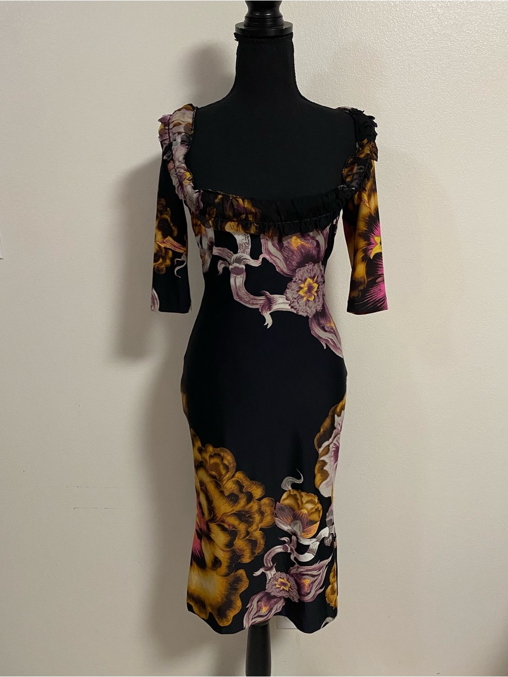Roberto Cavalli Dress Women Size 6/42/Small Black Floral Midi Dress Vintage Y2K